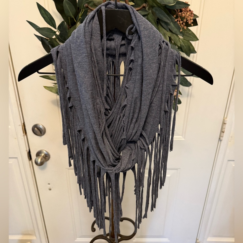 Esley Blue Soft Jersey Knit Infinity Scarf with Long Fringe OS